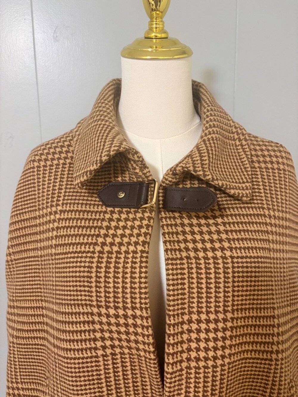 Lauren Ralph Lauren Wool Blend Cape Coat M/L Camel Cognac Check Heritage Autumn - Picture 8 of 16